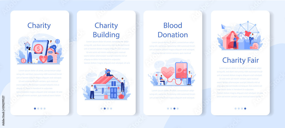 Charity mobile application banner set. People or volunteer donate