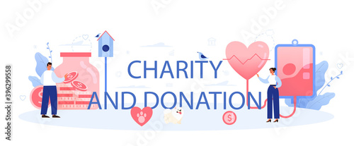 Charity and donation typographic header. People or volunteer