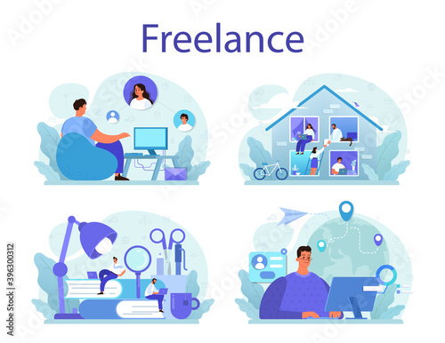 Freelance concept set. People working remotely through the internet