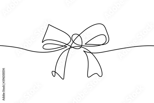 Decorative ribbon bow in continuous line art drawing style. Festive bow-knot minimalist black linear design isolated on white background. Vector illustration