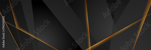 Black tech geometric polygonal background with golden shiny lines. Abstract vector banner