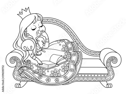 Cute princess falls asleep on the sofa with a book outlined  for coloring book