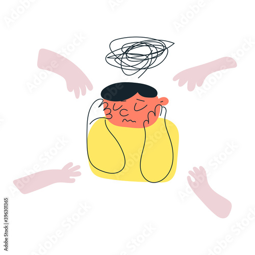 Little kid feel anxiety and fear. Hand drawn illustration on white background.