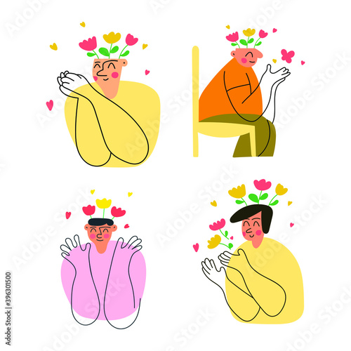 Mental health concept. Set of vector illustrations of happy people. 
