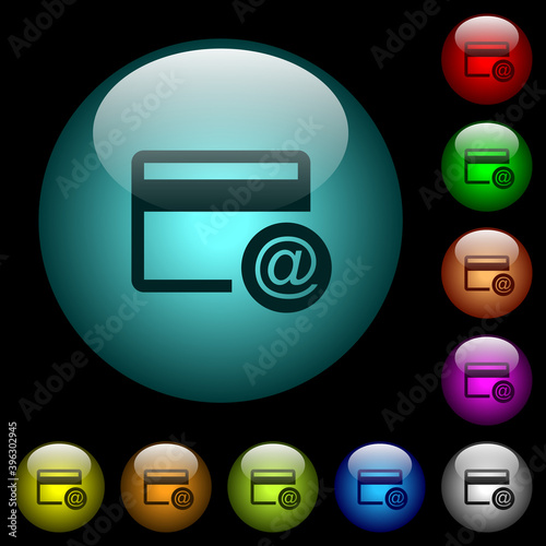 Credit card email notifications icons in color illuminated glass buttons