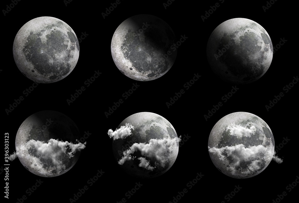 Obraz premium The moon in various phases and with clouds in front on a black background