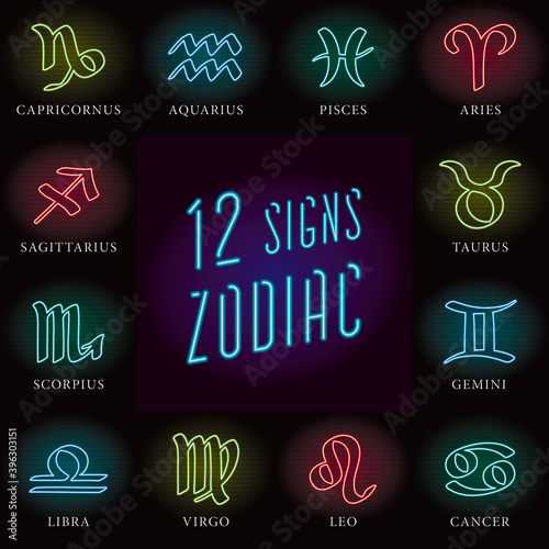 12 Clockwise Glowing Neon Zodiac Signs Capricorn Aquarius Pisces Aries Taurus Gemini Cancer Leo Virgo Libra Scorpio Sagittarius and Logos Lettering on Black Background - Hand Drawn Design