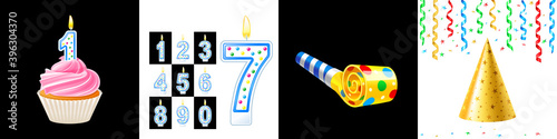 Party Horn Blower, hat, cupcake, birthday candles