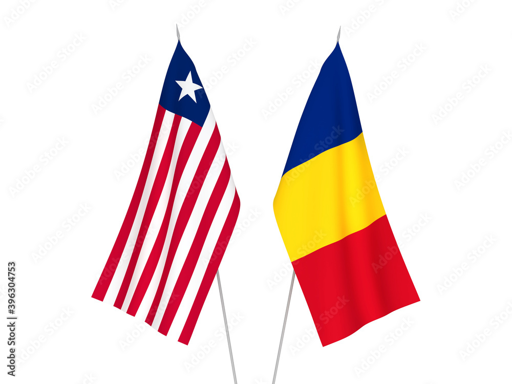 National fabric flags of Romania and Liberia isolated on white background. 3d rendering illustration.