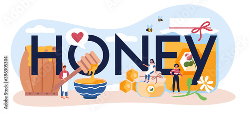 Honey typographic header. Professional farmer with hive and honey