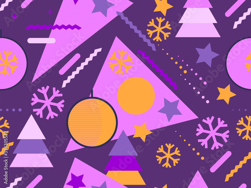 Christmas seamless pattern with geometric shapes in the style of the 80s. Christmas balls and Christmas trees with triangles, circles and for brochures, banners and wrapping paper. Vector illustration
