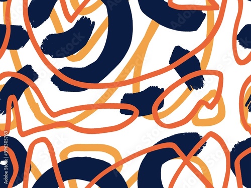 Seamless abstract doodle background pattern in bright summer positive colors. Hand-drawn abstract pattern with randomly arranged spots and dots and lines. Pencil and paint texture.