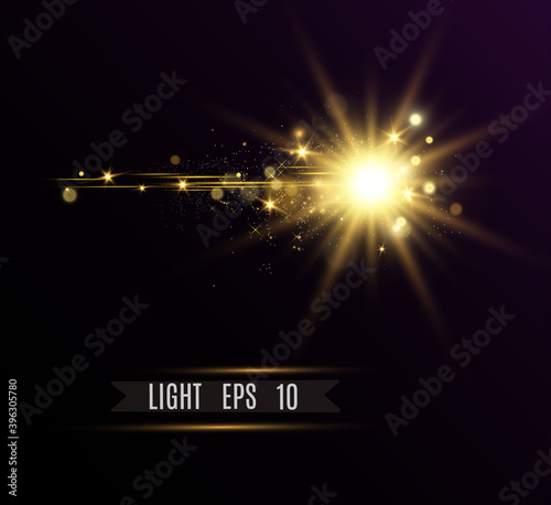 Special lens flash, light effect. The flash flashes rays and searchlight. illust.White glowing light. Beautiful star Light from the rays. The sun is backlit. Bright beautiful star. Sunlight. Glare.