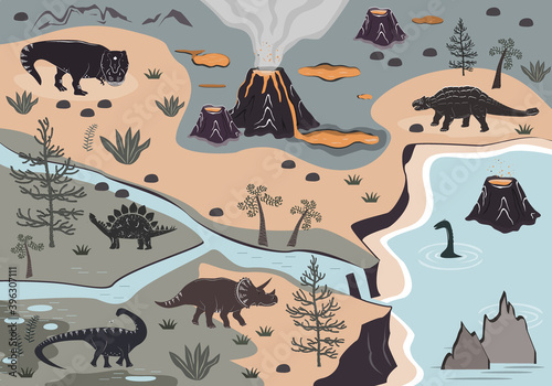 Cartoon kids playmat with dinosaur, palm, and volcano mountains. Vector illustration, floor carpet or wall poster. Dino background for the children room