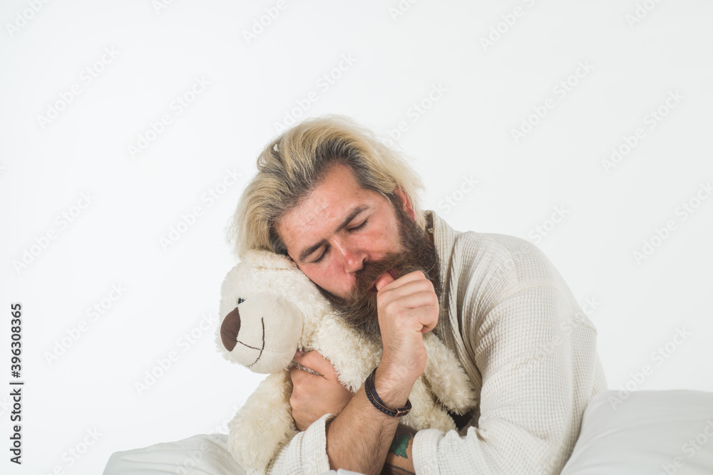 Man sleep with teddy bear. Sleep. Sweet dreams. Bearded man with teddy bear. Man with thumb in mouth. Man sleep with teddy bear. Sleep. Sweet dreams. Bearded man with teddy bear. Man with thumb in mouth.