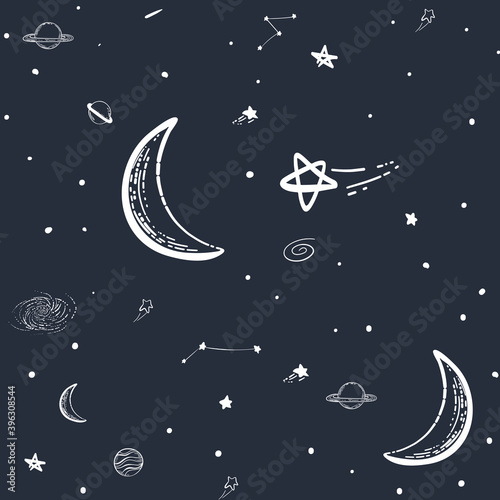 Stylized night sky seamless pattern with moon shining stars, planets, Dark hand drawn background. doodle sketch. Wrapping paper.