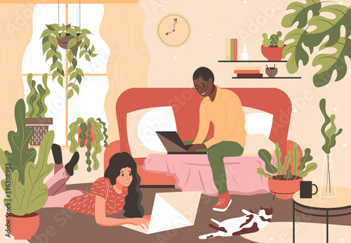 A family of African American man and European girl work from home on laptops. Freelancers work in a cozy room with house plants and a cat. Boho style flat vector illustration.