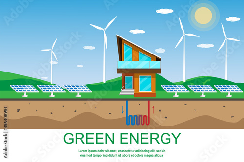 Green energy banner design. Concept Solar, wind, geothermal energy, modern eco-home. Vector illustration.