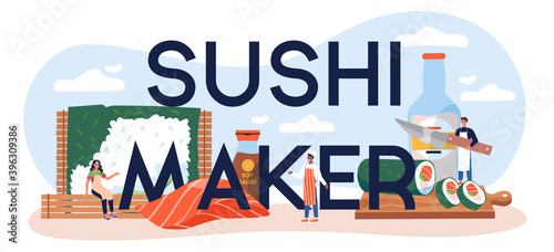 Sushi maker typographic header. Restaurant chef cooking rolls and sushi.