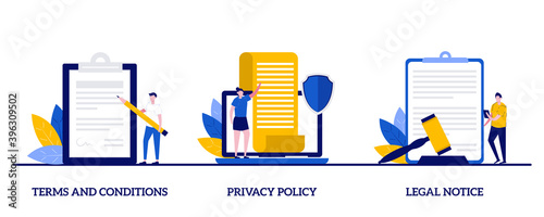 Terms and conditions, privacy policy, legal notice concept with character. Business contract signing abstract vector illustration set. Corporate document, agreement checking, data protection metaphor