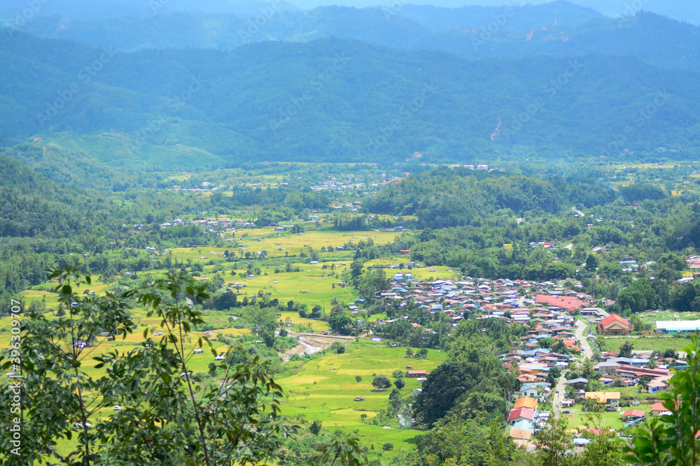Beautiful top view of a village in the valley, Sunsuron Tambunan, Sabah, Malaysia