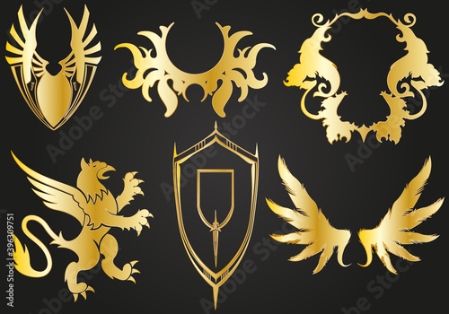 Escudos y siluetas doradas en fondo negro.