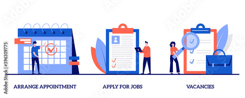 Arrange appointment, apply for jobs, vacancies concept with character. Recruitment interview abstract vector illustration set. Work position sourcing, employment website, business recruiting metaphor