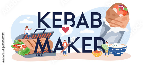 Kebab maker typographic header, street food concept. Chef cooking delicious