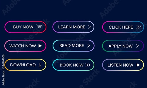 Set of buttons for applications. Vector image, modern style, user interface. Download, learn more, buy now. Colorful icons for website. Gradient strokes on a dark background.
