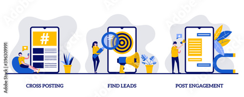 Cross-posting, find leads, post engagement concept with character. Modern promotion methods icons. Marketing network abstract illustration set. SMM business, customer attraction campaign metaphor