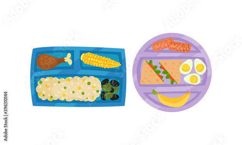 Food Tray with Sections Filled with Snack and Nutrition Vector Set