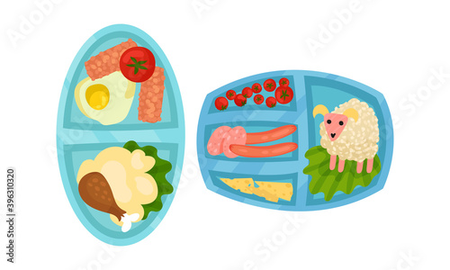 Fototapeta Naklejka Na Ścianę i Meble -  Sectioned Tray or Lunchbox with Food and Nutrition Vector Set