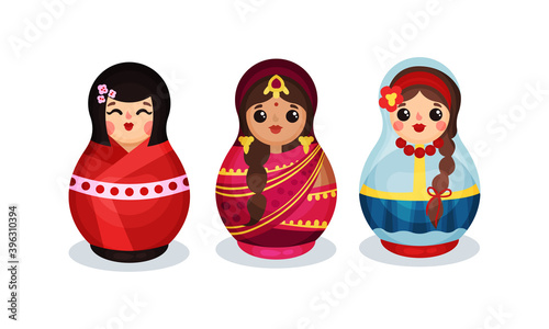 Nesting Dolls in Colorful Costumes of Different Countries Vector Set