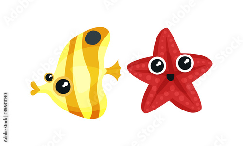 Funny Marine Animal with Striped Fish and Starfish Vector Set