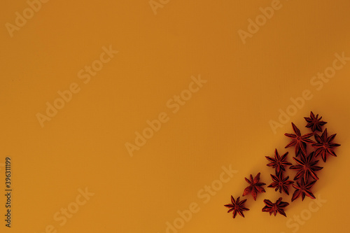 Star anise is brown with stars on an orange flat background located in the corner below.. spices for mulled wine