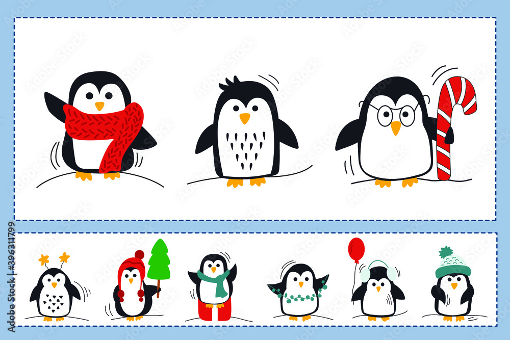 Fototapeta premium Set of winter illustrations with beautiful colored penguins. Children's pictures for games and printing. Hand drawn illustration isolated on white background.