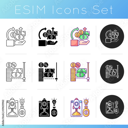 Crowdfunding issues icons set. Reward based crowdfunding. Donor exhaustion issues. For or non profit project. Linear, black and RGB color styles. Isolated vector illustrations