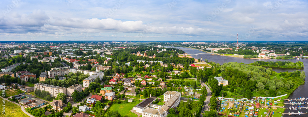 Panorama of the beautiful ancient city Veliky Novgorod, view of the city from the Novgorod shaft, only surviving tower of the Novgorod rampart is the White Tower.