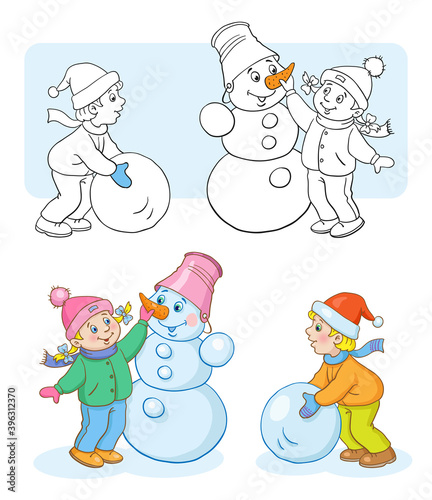 Happy children make a snowman. Coloring page and colorful example. In cartoon style. Vector illustration. For coloring book.