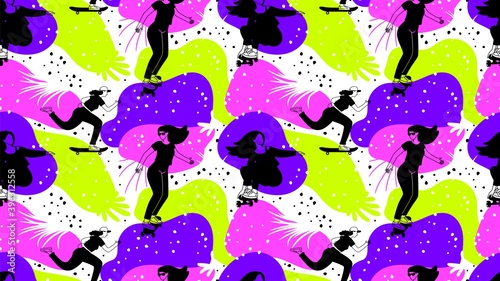 Skateboard girl pattern. Drive, teenagers on longboards. Skate hobby, active lifestyle or sporting vector seamless texture