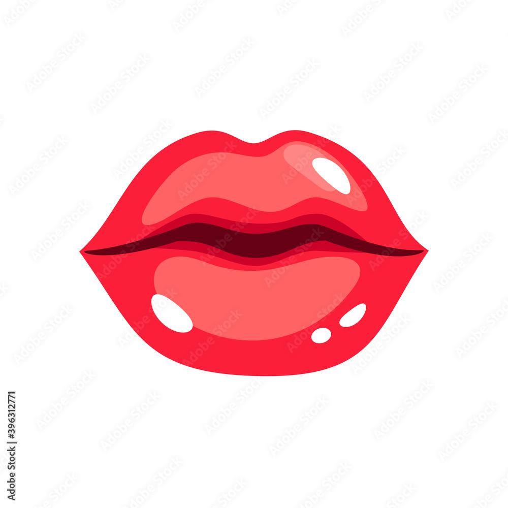 Red sexy beautiful lips. Cartoon female glossy smile, vector illustration of glamorous sensual kiss with red lipstick isolated on white background Red sexy beautiful lips. Cartoon female glossy smile, vector illustration of glamorous sensual kiss with red lipstick isolated on white background