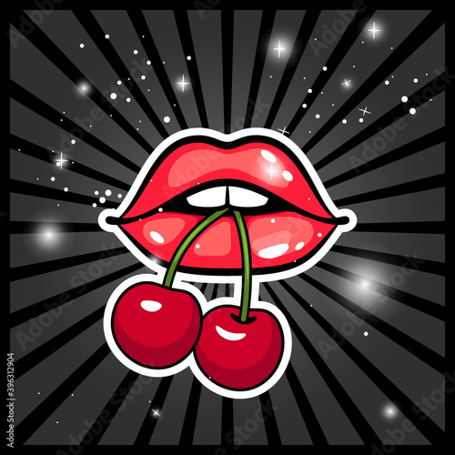 Lips with cherry. Cartoon sensual smile with berries, beautiful romantic lips with red lipstick, vector illustration symbol of kiss from sexy glamorous woman