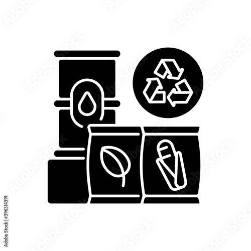 Raw materials black glyph icon. Eco friendly and clean energy sources silhouette symbol on white space. Biofuel manufacturing, storage and distribution business. Vector isolated illustration