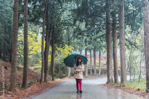 mujer chica con paraguas entre pinos arboles lloviendo en la sierra monte feliz sonriendo