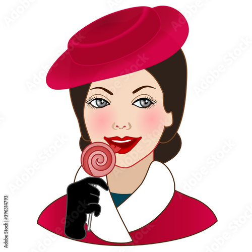 emoji with cool happy girl in hat with protruding tongue holds a lollipop, color vector emoticon on white isolated background
