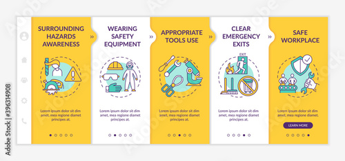 Workplace safety elements onboarding vector template. Surrounding dangerous hazards awareness. Responsive mobile website with icons. Webpage walkthrough step screens. RGB color concept