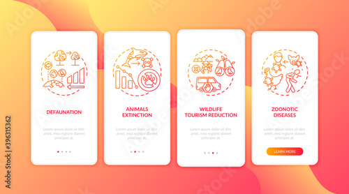 Nature damage red onboarding mobile app page screen with concepts. Species population extinction. Animal abuse walkthrough 5 steps graphic instructions. UI vector template with RGB color illustrations