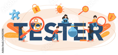 Software tester typographic header. Application or website code test process