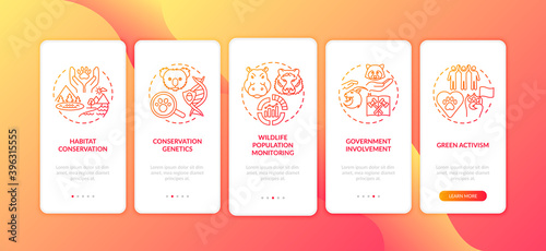 Preserve nature red onboarding mobile app page screen with concepts. Habitat conservation. Protect environment walkthrough 5 steps graphic instructions. UI vector template with RGB color illustrations