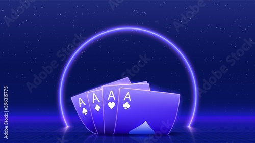 Casino neon background with arc and aces. Concept for flyer, banner, poster. Vector illustration.